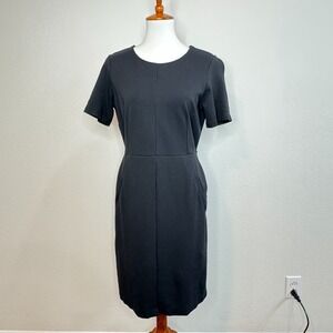 LANDS END Shift Short Sleeve Dress 12P Petite Black Pockets Ponte‎ Knit Office